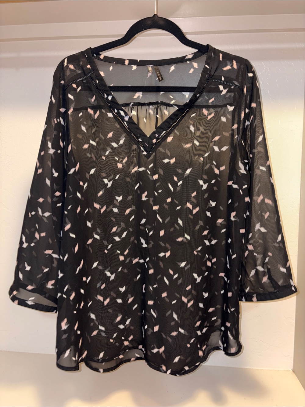 Maurices Black Sheer V-Neck Blouse with Pale Pink Fleck Print